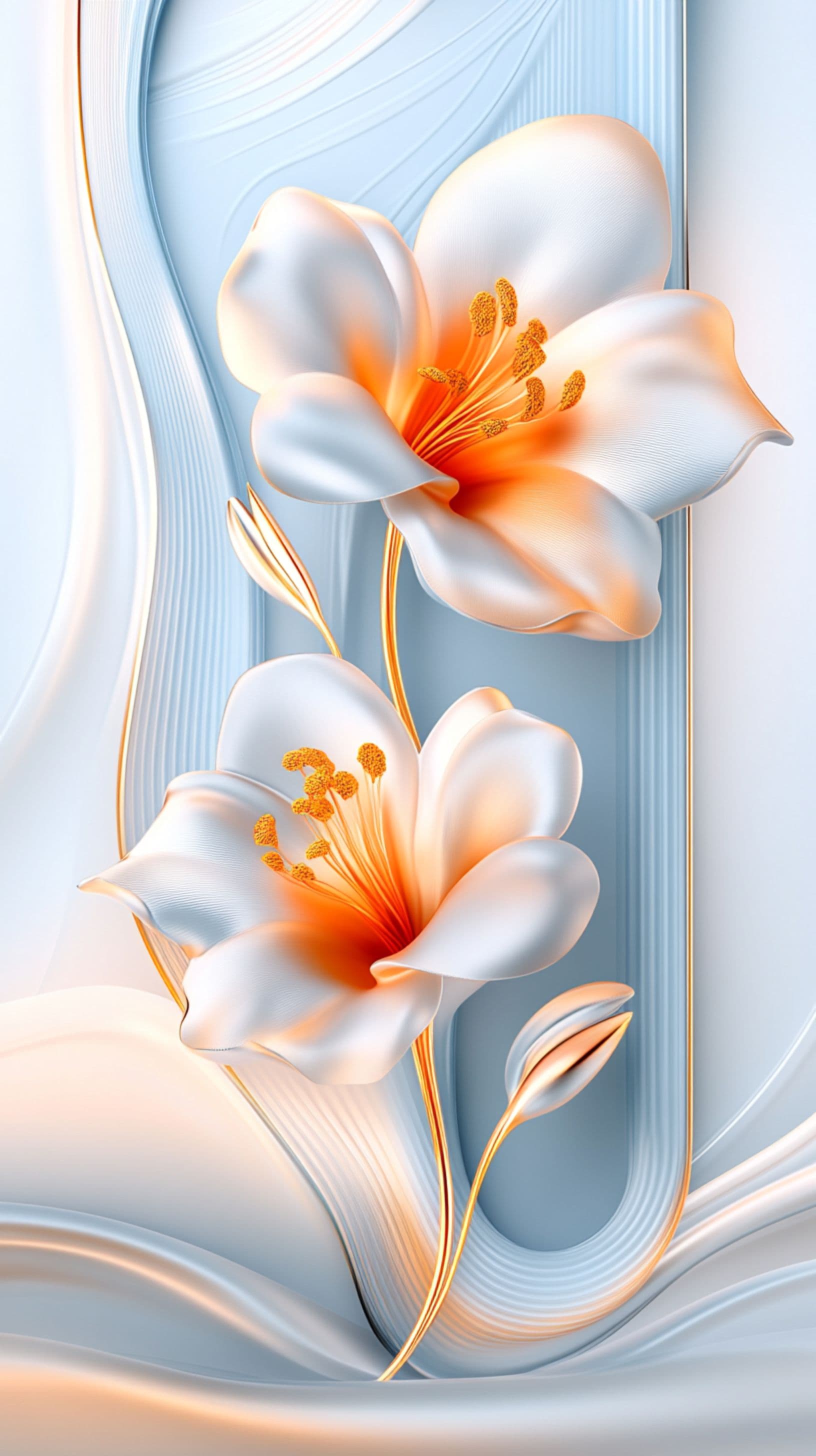 Golden White Bloom Elegant 3D Floral Mobile Wallpaper